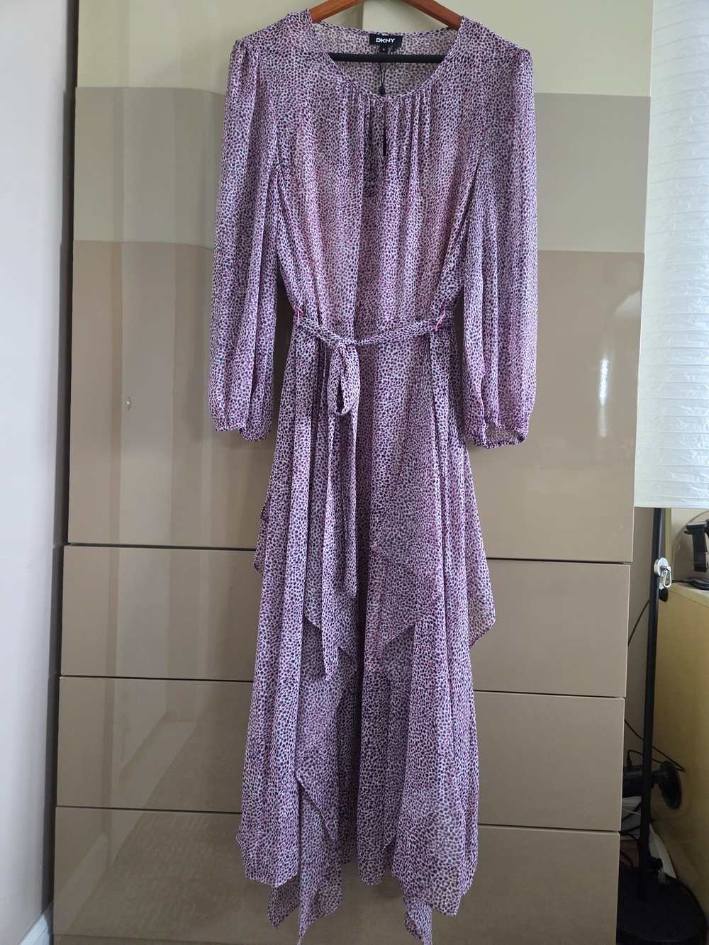 DKNY Purple Pink Leopard Print Long Sleeve Dress Tie Waist XL NWT